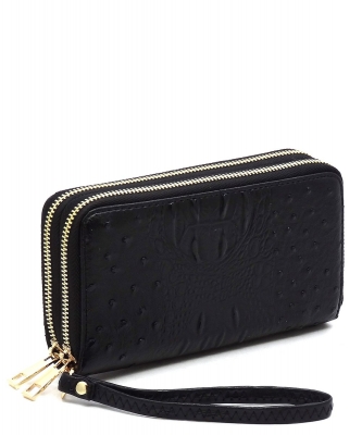 Ostrich Croc Double Zip Around Wallet Wristlet OS0012 BLACK